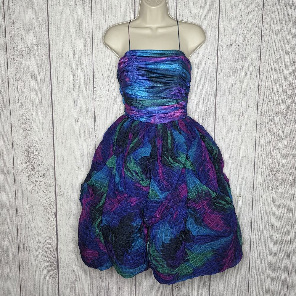 Vintage 80s Jewel Tone Bubble Hem Dress Ruched Party Prom Cocktail, sz XS/S